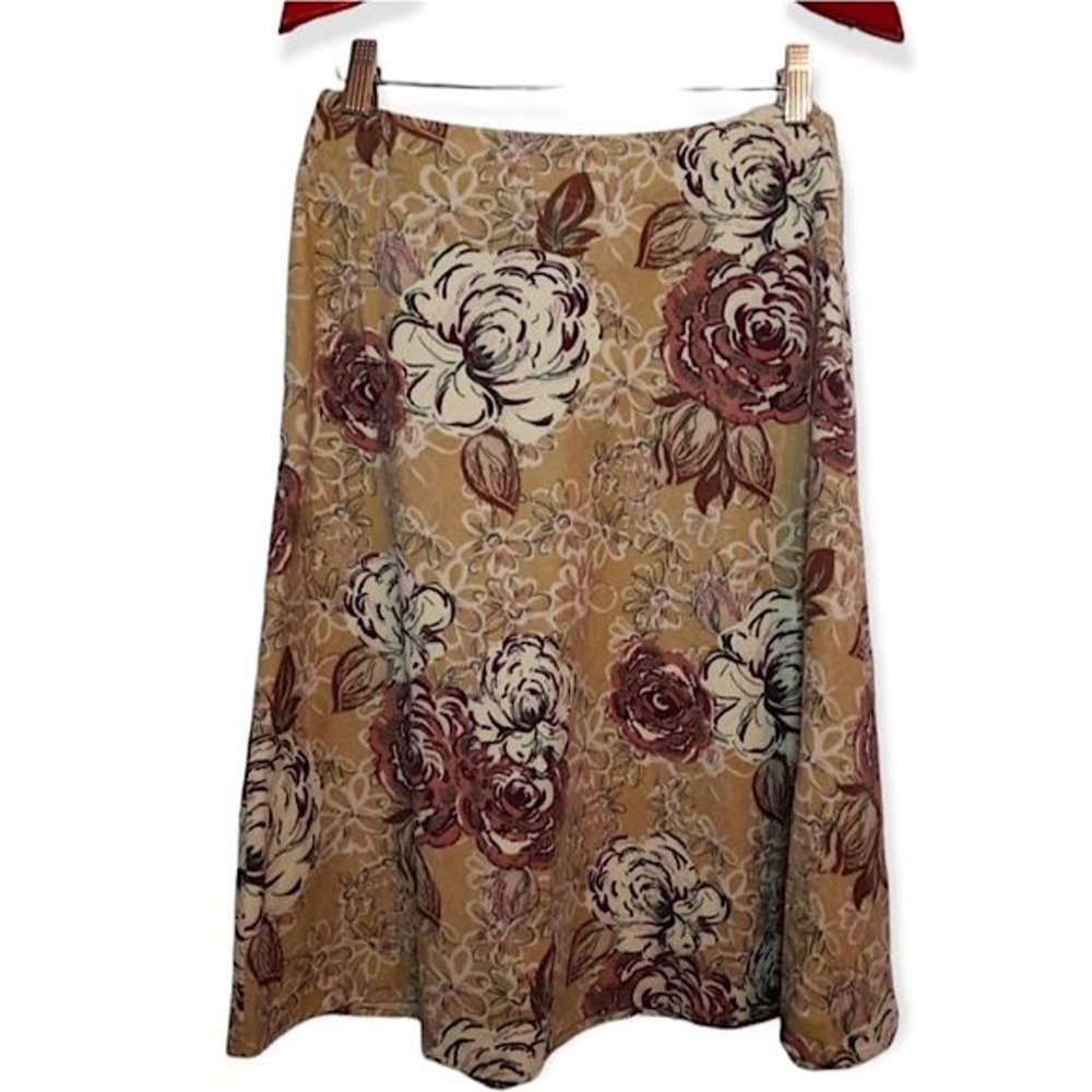 Floral Corduroy Knee Length A-Line Skirt St. John’s Bay Brown Taupe Cottage-4